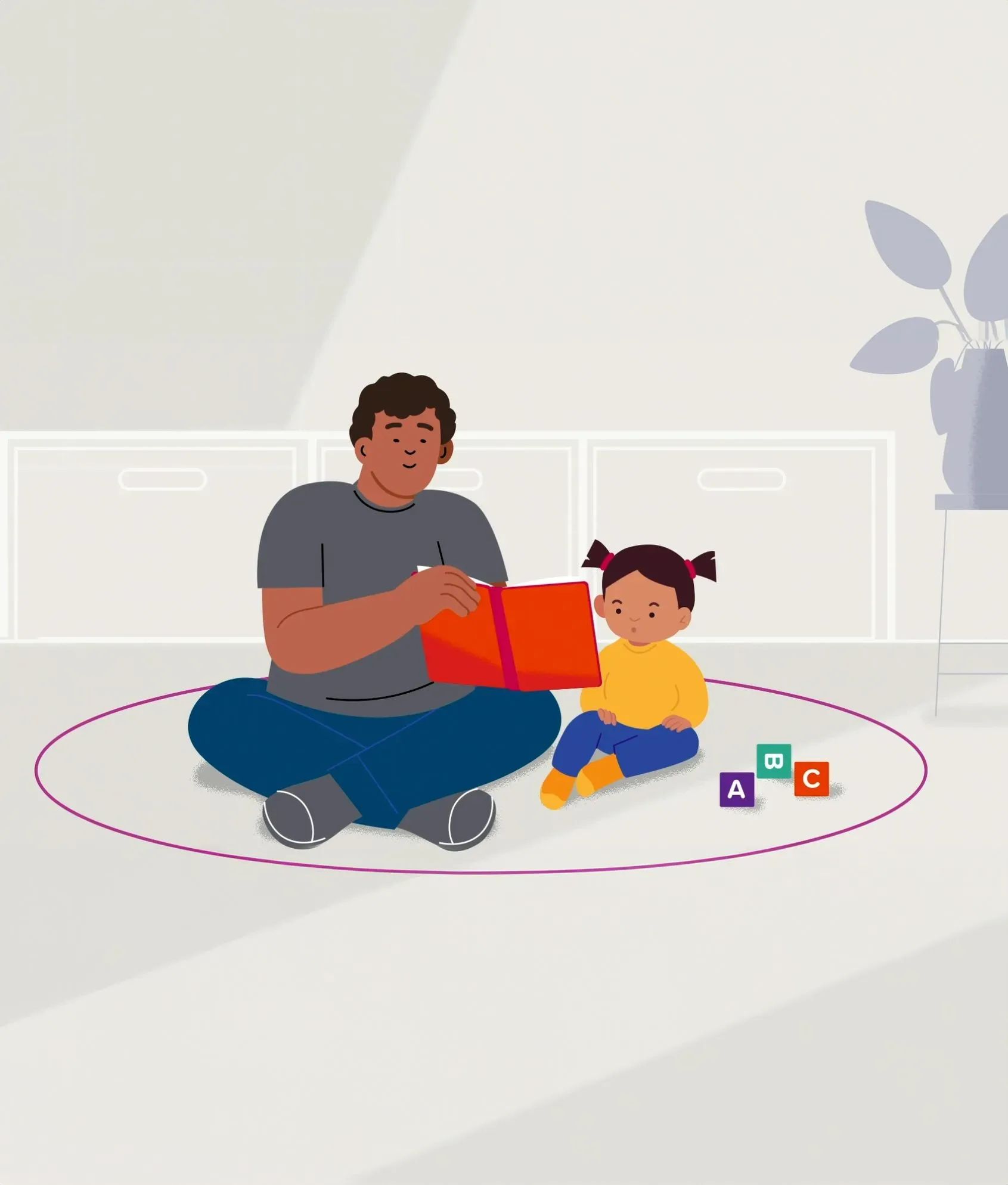 An illustration of a man reading a book to a child
